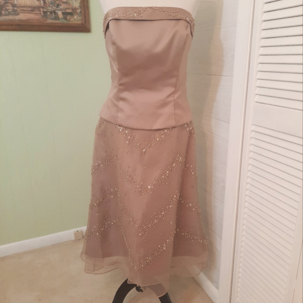 Forever yours taupe beaded sequin strapless chiffon dress sz 12 *D1